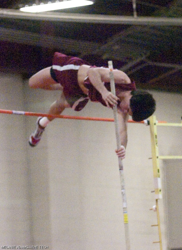 Ian Fischer ’12 pole vaults in the men’s track and field meet against Williams College and Coast Guard on Saturday. The Engineers won with 192.5 points to Williams’s 136.5 and Coast Guard’s 47.