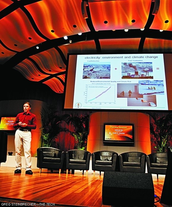 Professor of Applied Physics Harry A. Atwater of the California Institute of Technology speaks about solar cell technology at Technology Review’s Emerging Technologies Conference at MIT on Thursday. Now in its tenth year, emTech@MIT is a three-day-long conference that brings together leaders in technology, engineering, investment, and management.
