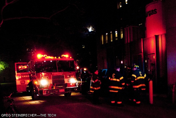 The Cambridge Fire Department responds to a chemical spill in 18-006 on Thursday evening. Building 18, the chemistry building, was designed by I.M. Pei and constructed in the 1960s.