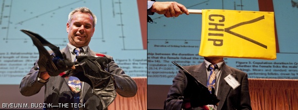 Gareth Jones of the University of Bristol uses hand puppets to explain how bats perform oral sex on each other, before being censored by the “V-chip” at the Ig Nobel Awards Ceremony on Thursday. Jones won the Ig Nobel Prize in Biology for documenting fellatio in fruit bats. The 2010 Ig Nobel Lectures will take place in 10-250 on Saturday.