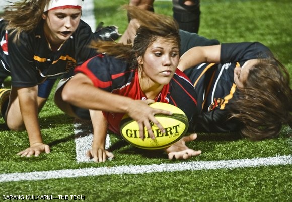 Forward Captain Marisa “Hot Sauce” Jasso ’13 (wearing red) scores a try for the Engineers in their match against Wentworth Institute of Technology in last Friday’s game. The Engineers, who won the national championship last year, crushed Wentworth 43-9.