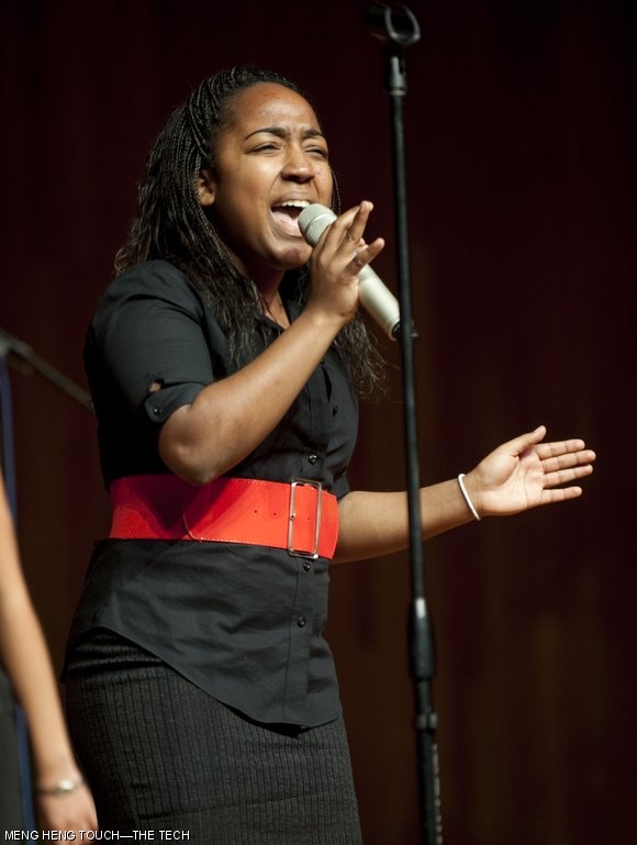 Chelsi E. Green ’13 of the MIT Chorallaries performs a solo in “Need You Bad”, originally sung by Jazmine Sullivan, in Kresge on Saturday. The Chorallaries and other acapella groups participated in the Greater Boston Invitational Songfest as part of Family Weekend.