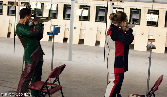 Lionel F. Sotomayor ’12 and Rebecca L. Gould ’11 of the MIT rifle team shoot during the air rifle competition against Wentworth Institute of Technology on Oct. 2. Though the Engineers lost the air rifle portion of the match, they came away with a split after winning the smallbore competition.