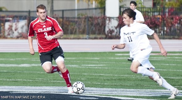 Jonathan K. Tebes ’14 (11) charges up the midfield during Saturday’s game against Clark University. Tebes scored the Engineers’ only goal, leading MIT to a 1-0 win.