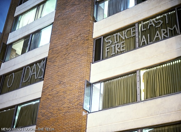 Frustrated at the frequent fire alarms in recent weeks, students in MacGregor. students display a count of the number of days since the last fire alarm in the window. There have been two fire alarms at Macgregor in the last 10 days, including one at 1:30 a.m.