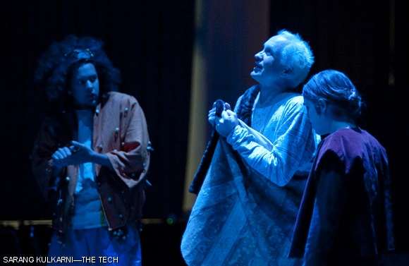 The fool (Jacob L. Austin-Breneman ’13), King Lear (Timothy Otte), and Kent (Brianna S. Conrad ’11) journey through the storm after freeing Kent from the stocks.
