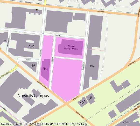 Novartis has leased the above four pink lots from MIT for at least sixty years; they are just across the street from Novartis’ existing sites at 186, 220, and 250 Massachusetts Avenue.