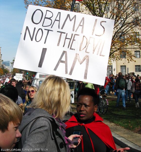 At the “Rally to Restore Sanity and/or Fear”, many people dressed in costumes and held satirical signs. Over 200,000 people attended the event hosted by Jon Stewart and Steven Colbert.