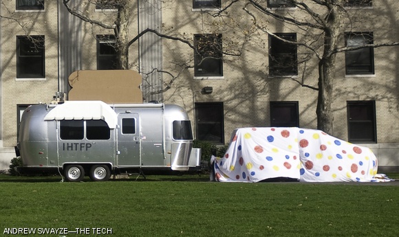 A silver RV made to look like a giant toaster appeared on the dot by Building 54 yesterday. The owners were offering visitors free toast.