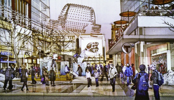 An artist’s rendition of what Kendall could look like in the wintertime. A large screen might exist in the background and there might be dances. Or not — these are preliminary conceptions, and are certain to change.