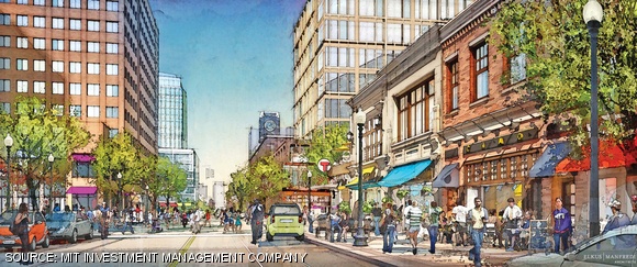 An artist’s rendition of Kendall Square, looking east towards Boston, in the springtime after development. The plans are not definite and are certain to change in the future.