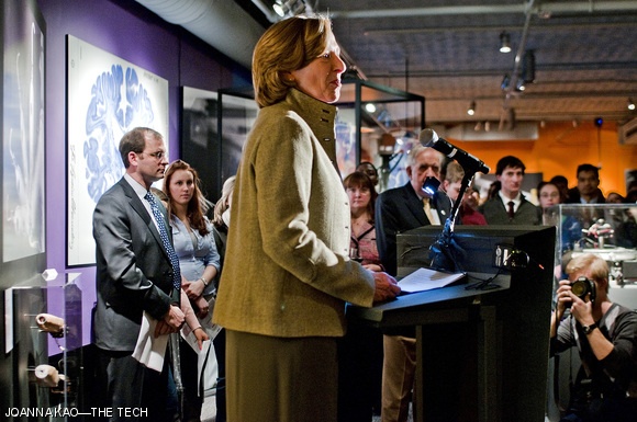 President Susan J. Hockfield spoke Friday about the uniqueness of the MIT community and thanked the MIT 150 steering committee for their work in putting together the MIT 150 exhibit. The exhibit floor at the MIT Museum was packed with students, alumni, and faculty. There were 657 people in the exhibit by the end of the speeches.