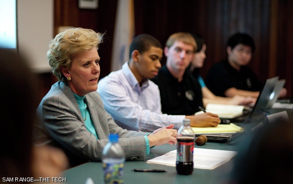 Julie B. Norman, director of the Office of Undergraduate Advising and Academic Programming and Senior Associate Dean for Undergraduate Education, speaks at an emergency meeting of the Undergraduate Association yesterday night. The UA meeting was called to field questions about the planned shortening of REX from three days to one.
