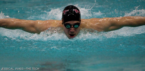 Andrew L. Dorne ‘14 swims the 200m butterfly in this Saturday’s dual meet against Tufts University. Dorne placed sixth and the Engineers went on to win the meet 200 to 98, maintaining their undefeated status.