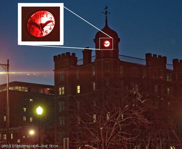 Hackers installed a red backlight and the shadow of a phoenix behind the clock adorning Maseeh Hall’s west tower. This fall, the Phoenix Group will help populate Maseeh Hall. Barely visible in daylight, the hack was obvious after sunset on Sunday evening.