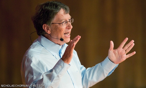 Philanthropist, Microsoft co-founder, and Harvard dropout Bill Gates speaks to students in Kresge Auditorium on April 21 about global health, poverty, and education. He encouraged students to apply their talents toward tackling these issues.