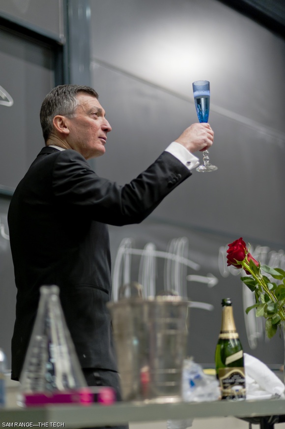 Professor Donald Sadoway toasts to his last day of 3.091, Dec. 8.
