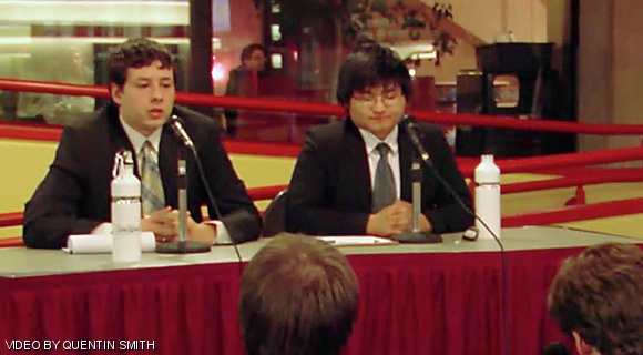 Undergraduate Association Presidential and Vice Presidential candidates Allan E. Miramonti ’13 and Alec C. Lai ’13 are seen in this screen capture from the UA Presidential Debate, held Sunday evening on the first floor of the Stratton Student Center. Miramonti and Lai are the only ticket running in the election.