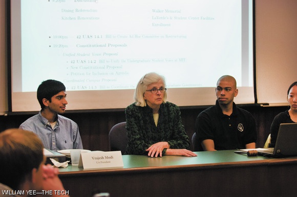 MIT Executive Vice President and Treasurer Theresa M. Stone SM ’76 speaks at the UA Senate meeting Monday evening, as UA President Vrajesh Y. Modi ’11 and Senate Speaker Jonté D. Craighead ’13 look on. At the meeting, Craighead and Modi fielded proposals for restructuring the UA.
