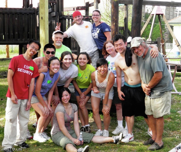 The MIT Alternative Spring Break students and Historic Green volunteers pose in front of the restored playground. Sitting: Helen L. Yang ‘13, L to R, front: Ho Chit Siu ’14, You C. Yoon ’13, Janet D. Lin ’13, Julia K. Jaskolska ’13, Susan S. Virgem ’11, Lily A. Xu ’12, Angel (Historic Green), Jeff Z. Chen ’12, Jim (Historic Green). L to R, Back: John (Historic Green), Dan (Historic Green).