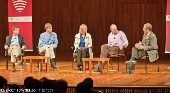 From left: Professors Alan P. Lightman, Troy Van Voorhis, Rosalind W. Picard, and Alex Bryne listen as Dean Daniel E. Hastings PhD ’80 speaks during the discussion portion of the Veritas Forum last Saturday in Kresge Auditorium. The speakers presented their worldview relative to the topics of “life, the universe, and MIT” at the forum, which was followed by a moderated discussion when the speakers answered audience questions. The professors had a diverse range of views on questions of philosophy and religion.