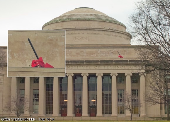 A model of the Caltech Cannon, which hackers “borrowed” from our friends on the West Coast five years ago, appeared on the ledge below the Great Dome in the early hours of Wednesday morning.