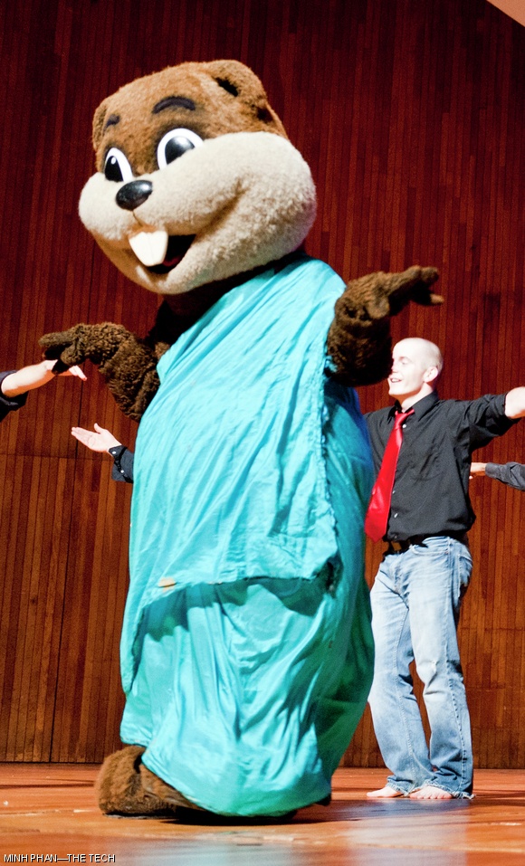 Tim the beaver joins Men in Heat during their dance performance in MIT SAAS’s culture show Satya on Friday night.