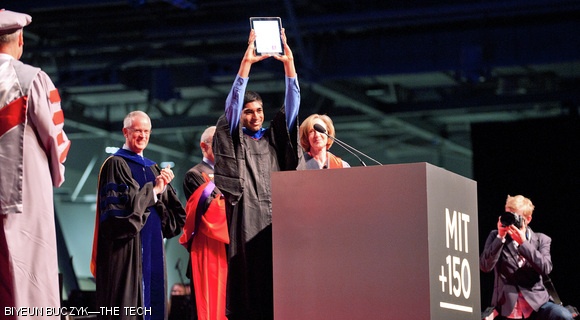 Undergraduate Association President Vrajesh Y. Modi ’11, holds up the iPad used to sign a recommitment to MIT’s charter at the MIT Next Century Convocation this past Sunday at the Boston Convention and Exhibition Center.