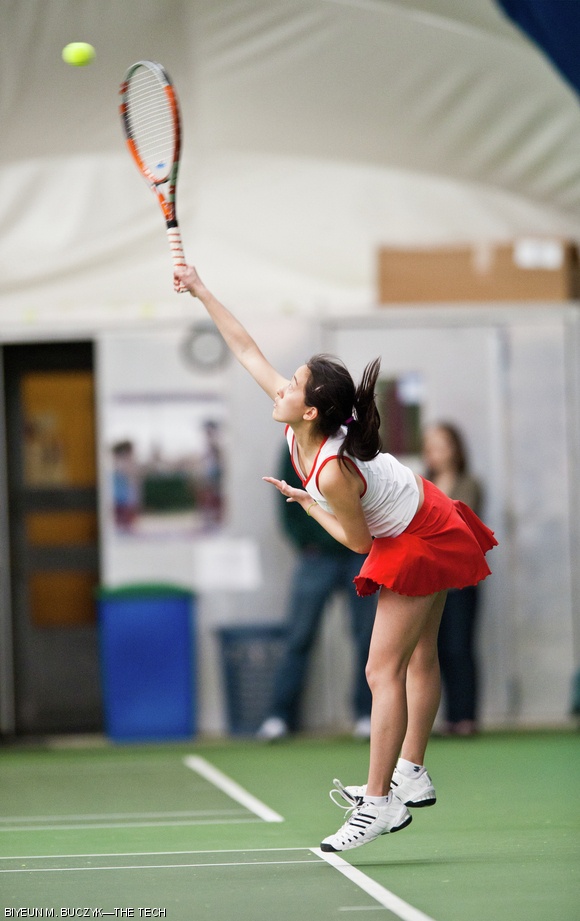 Julia C. Hsu ’14 serves the ball during the final heated sets against the Skidmore Thoroughbreds on Sunday afternoon. The Engineers earned their eighth consecutive victory, defeating the Thoroughbreds 6-3. MIT will play Simmons College this Saturday, April 23, at 1 p.m.