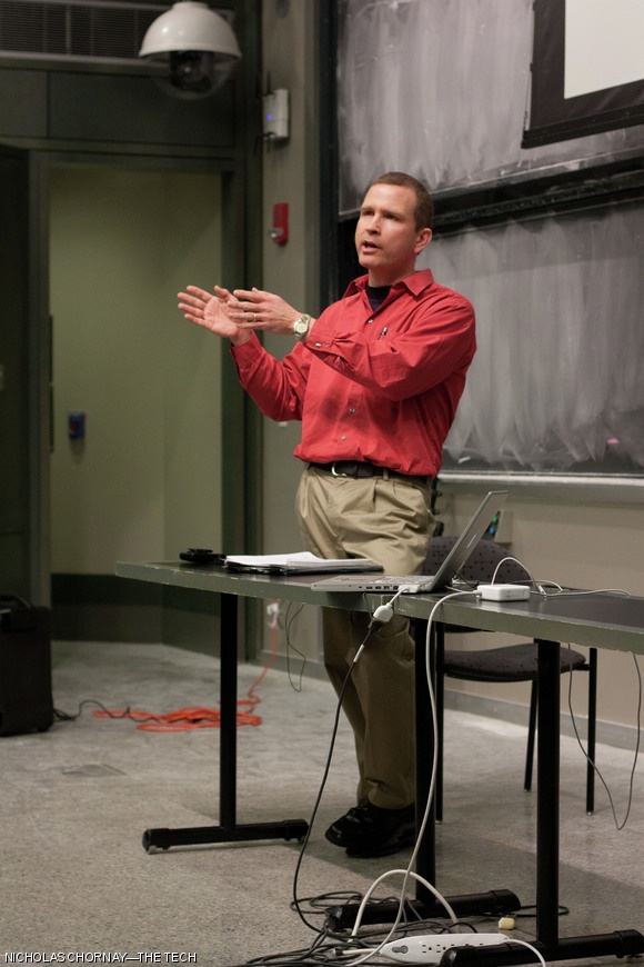 PETA Vice President of Policy Bruce Friedrich presents his view on the ethics of eating meat during a debate on Monday, April 25, in 10-250.