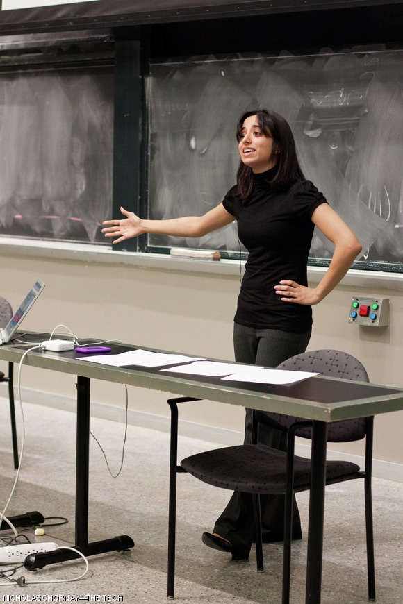 Shireen S. Rudina ’13 of the MIT Parliamentary Debate Team debates the ethics of eating meat with PETA Vice President of Policy Bruce Friedrich. The two presented their opposing arguments Monday night to a packed 10-250. Not surprisingly, neither was convinced to concede the point.