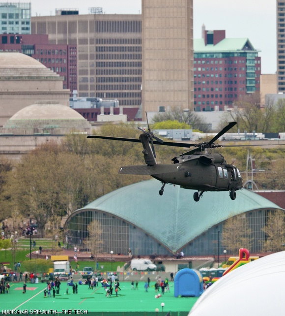 An Army UH 60 Black Hawk helicopter visited Briggs Field Saturday afternoon for an inspection by MIT’s Army ROTC.