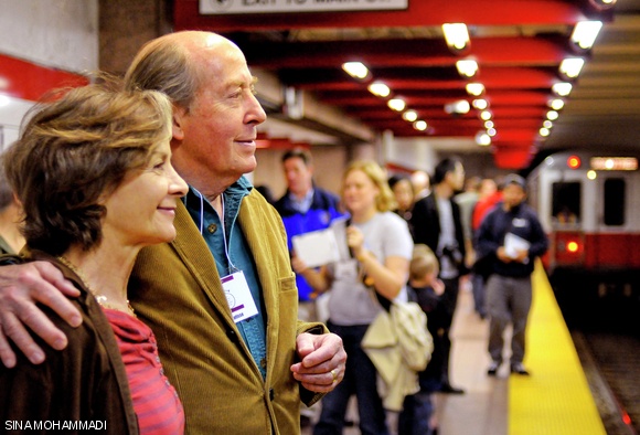 Paul Matisse, the artist behind the Pythagoras musical sculpture in the Kendall T station, attends the Kendall Band re-installation ceremony on April 30. In 2010, the MIT Kendall Band Preservation Society embarked on a 13-month restoration project to repair the hanging set of hammers and chimes.