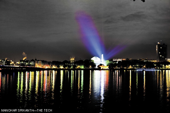 MIT seen from Boston (left to right): LightBridge, SKY Event, Liquid Archive, and Light Drift were installed along the Charles River for the MIT150 FAST Light festival last weekend. For more photos, see p. 12.