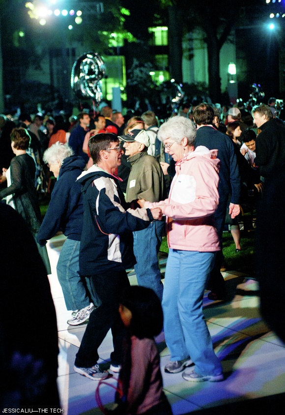 Alumni and friends dance to music by Boston City Rhythm during the Toast to Tech event on Saturday.