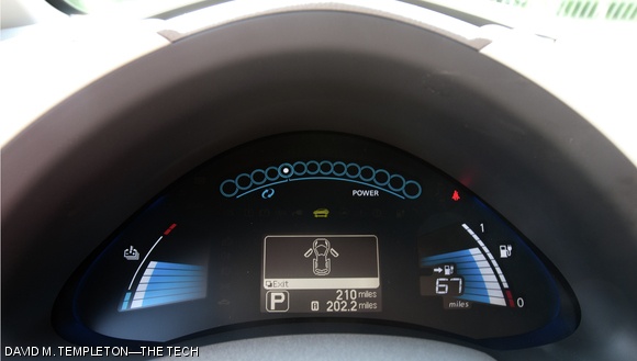 Battery temperature gauge on left; battery capacity gauge on right. More interesting is the top-center gauge, which fills to the right when energy is being spent by the motor, and to the left when it is being regenerated by braking. A more in-depth analysis of where the power is going can be found on the center console screen.