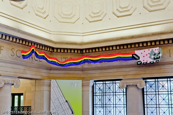 Hackers installed a 40-foot-long Nyan Cat and rainbow trail in Lobby 7 last week. A popular internet meme, Nyan Cat is a flying cat with a Pop-Tart body that leaves behind a rainbow trail, whose journey is frequently set to the Japanese Vocaloid song Nyanyanyanyanyanyanya, according to http://knowyourmeme.com.
