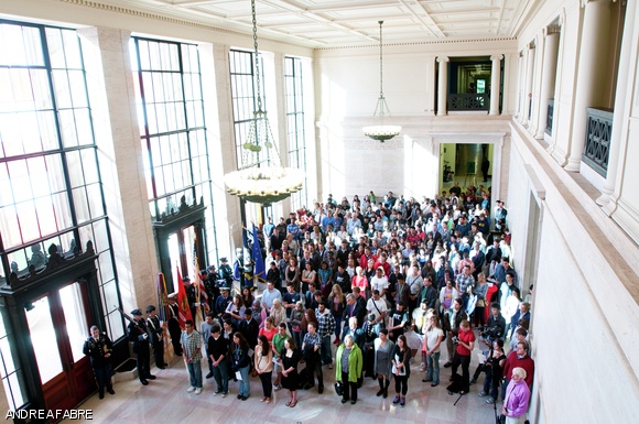 Attendees at the 9/11 ceremony on Sunday listen to President Susan J. Hockfield’s remarks in Lobby 10. According to Hockfield, the ceremony was convened to “honor those who lost their lives and those who gave their lives on Sept. 11, 2001.”