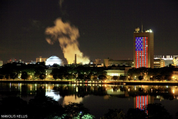 Red, white, and blue lights were installed in the Green Building’s windows to commemorate the 10th anniversary of Sept. 11, 2011.
