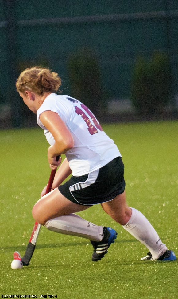 Erin B. Kenney ’14 catches the ball in the women’s field hockey game this Wednesday. MIT won 4 to 1 against Gordon College after Molly K. Duffy ’14 scored twice in the first five minutes. The Engineers dominated the game, rarely letting the opposing team get close to the net, losing only one point in the last ten minutes.