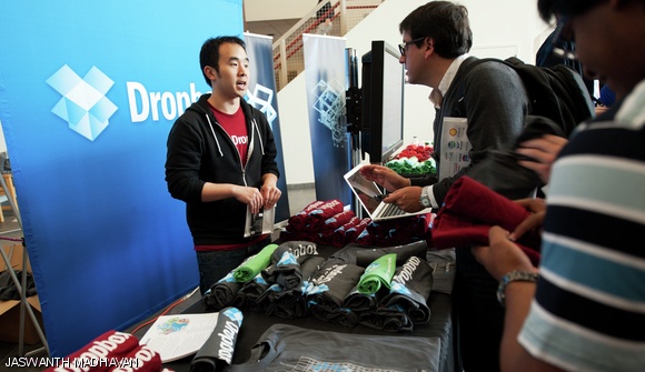 The Dropbox booth at Career Fair 2011, prominently placed outside the entrance to Johnson Rink, drew hundreds of students not only searching for internships and employment, but also seeking their popular t-shirts.