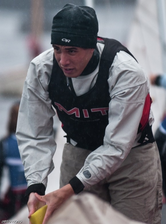 Tevis W. Nichols ’12, skipper, prepares for the third Midweek Tech Regatta of the year on Wednesday in tumultuous weather.