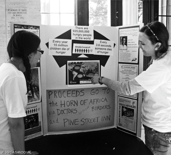 Members of the MIT Fighting World Hunger club raise awareness of global hunger and malnourishment issues in Lobby 10 last week. The club-sponsored Hunger Week ended with a strenuous twelve hour fast in which around 50 people participated.