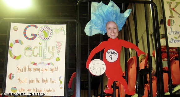 Freshmen on the Women’s Volleyball team decorated Rockwell Cage with wacky posters to motivate the team on senior night.