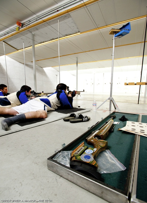Members of the Men’s Rifle team compete against the U.S. Naval Academy and Wentworth Institute of Technology on Friday. The men’s and women’s teams scored a combined total of 4,435 points, including a school record score of 2251 in air rifle, to place second in the competition.