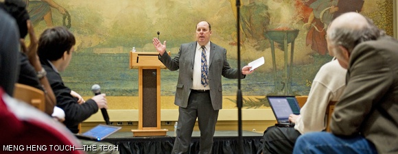 Associate Provost Martin A. Schmidt PhD ’88 speaks to Walker Memorial groups about the process for deciding whether Music and Theatre Arts will move into the building, and how students will be affected.