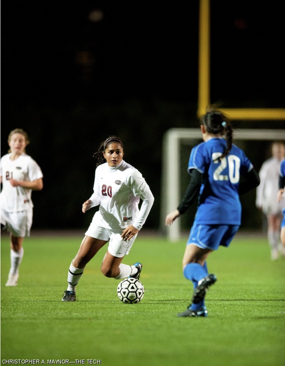Ambika M. Krishnamachar ‘15 prepares to maneuver past a defendant during a game against Wellesley Tuesday night. MIT won the game 1-0 to advance to the semifinal round in the NEWMAC women’s soccer tournament.