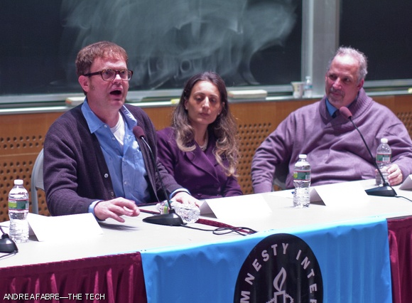 Rainn Wilson from “The Office” speaks on the “Education under Fire” panel. On Nov. 11, Amnesty International brought Wilson to MIT to talk about the persecution faced by members of the Bahá’í faith in Iran.