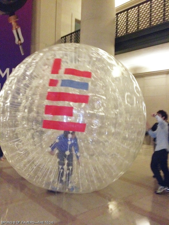 An inflatable plastic ball — the Zorb — maneuvered by a person inside, rolled around Lobby 7 Wednesday evening. Mechanical engineering professor Alex Slocum ’82 said he brought out the Zorb, which was emblazoned with MIT’s logo, for fun.