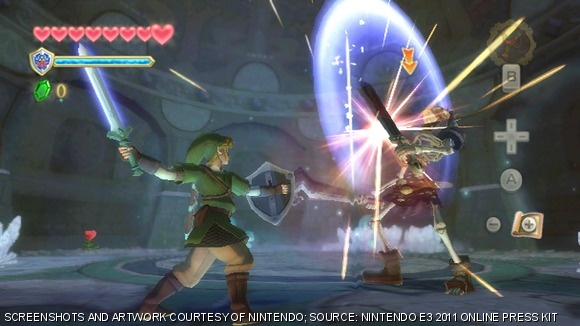Link’s sword strikes are controlled by the precise motion of the Wiimote Plus. Stalfos (pictured) and other enemies have been revamped to anticipate attacks, blocking Link’s actions if he is too slow to swing.